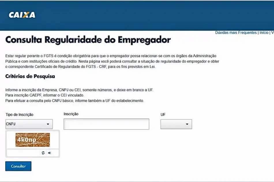 Como Emitir A Certidão De Regularidade Do Fgts Em 2025 Para Empresas Novas: Guia Completo E Atualizado 5 Consulta Regularidade do Empregador